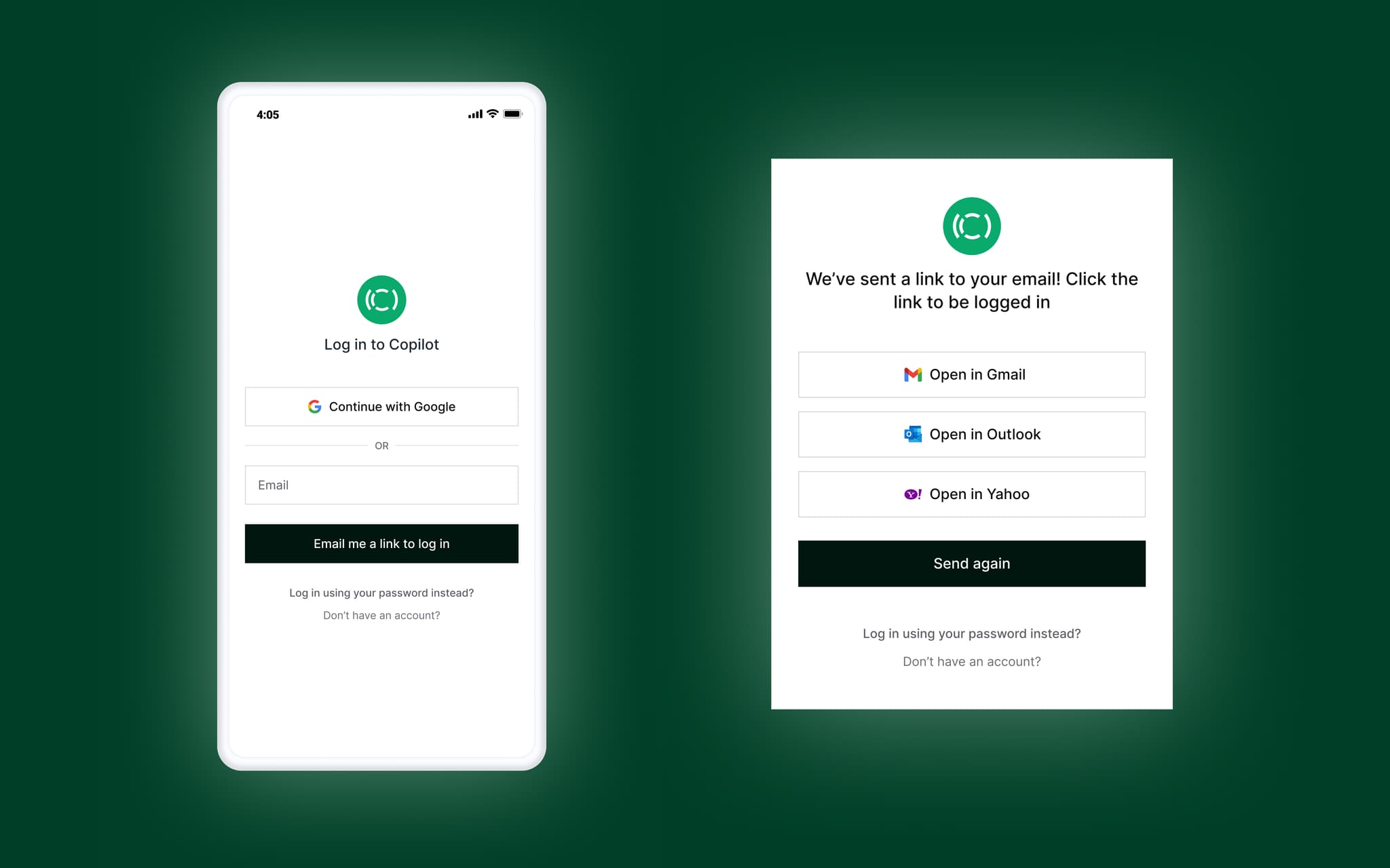 Authentication page showing various methods for logging in